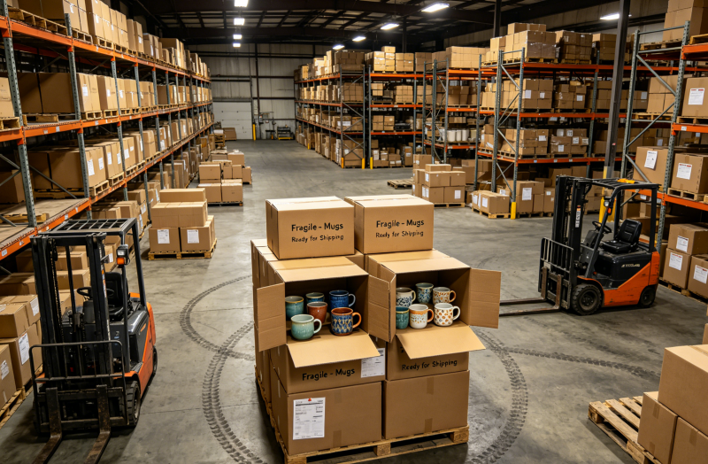 Mug Business Requirements Warehouse with boxes of mugs ready for shipping