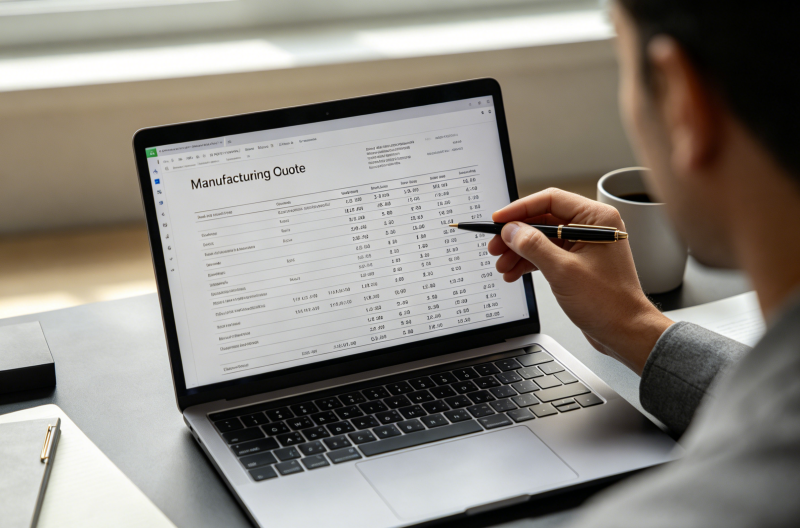 Professional RFQ A person reviewing a manufacturing quote on a laptop