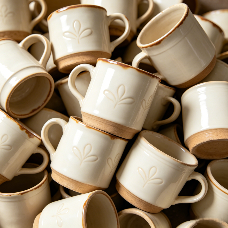 Bulk Ceramic Coffee Mugs A warehouse filled with stacks of blank white ceramic coffee mugs ready for bulk shipping