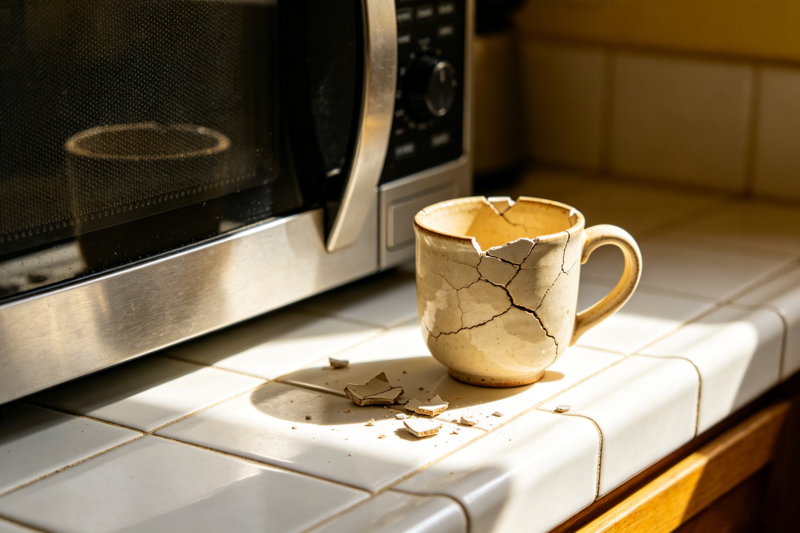 Unsafe Ceramic Mug for Microwave A cracked ceramic mug next to a microwave oven