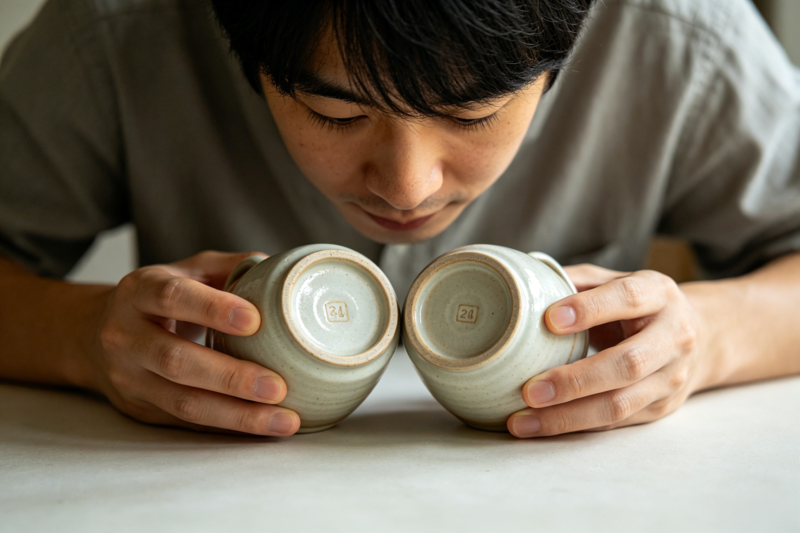 Comparing Ceramic Mugs for Safety A person inspecting the bottom of two ceramic mugs side-by-side