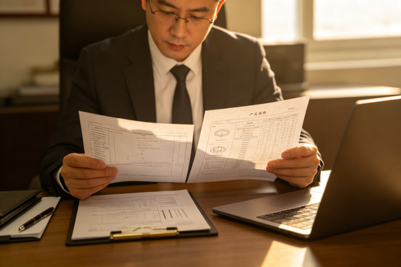 B2B Verification Process for Mug Safety A sourcing manager reviewing a product specification sheet and lab report