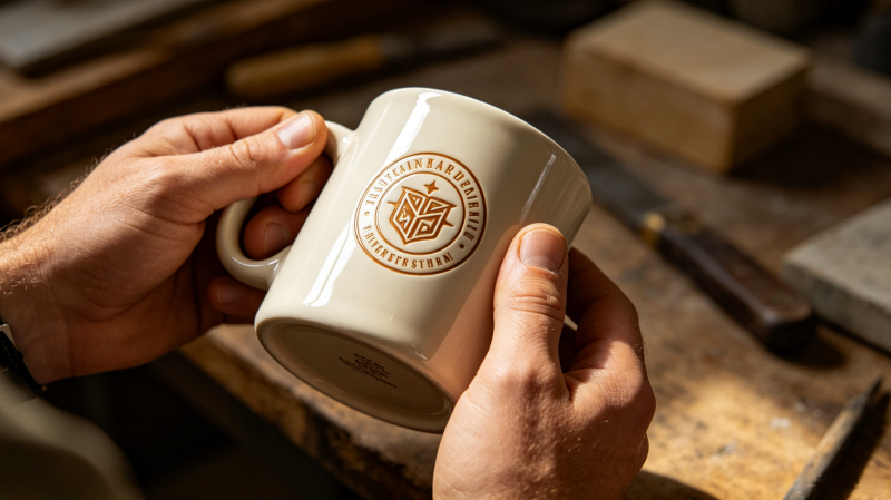 Vetting a Mug Supplier A sourcing manager on a video call, looking at a checklist and asking questions to a supplier.