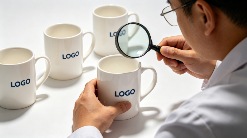Custom Pottery Mugs With Logo A collection of custom pottery mugs with company logos being inspected for quality.