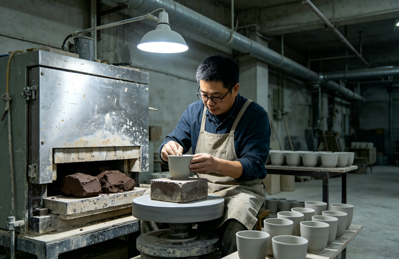 Ceramic Mug Manufacturing Costs a factory worker inspecting a white ceramic mug on a production line