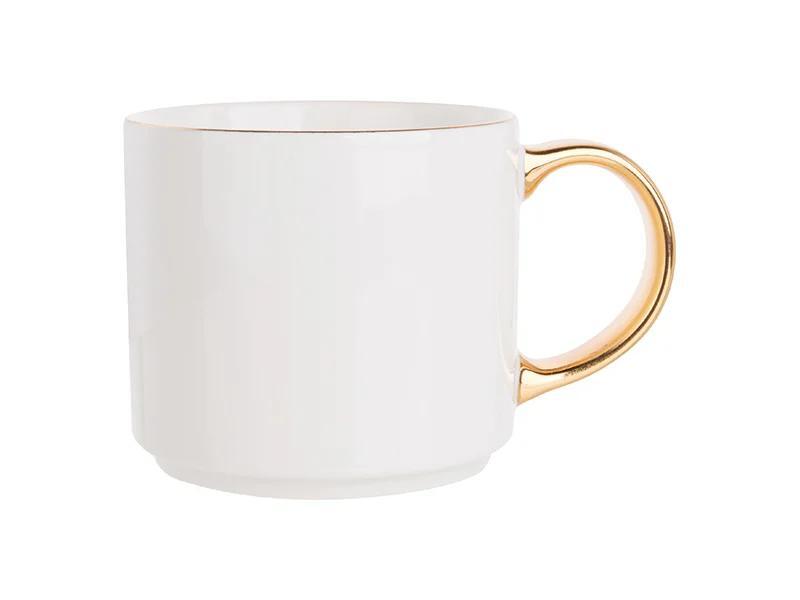 Mug with metallic decoration is not microwave safe A mug with a metallic gold decoration showing a warning sign