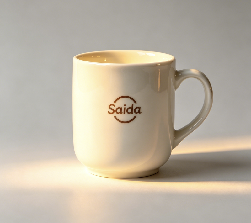 Logo Placement on Promotional Mugs A close-up view showing the ideal logo placement for promotional coffee mugs on a white ceramic cup.