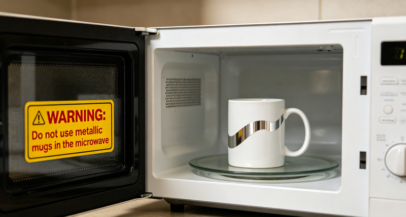 Microwave Safety Warning for Metallic Mugs A mug with a metallic decal arcing in a microwave