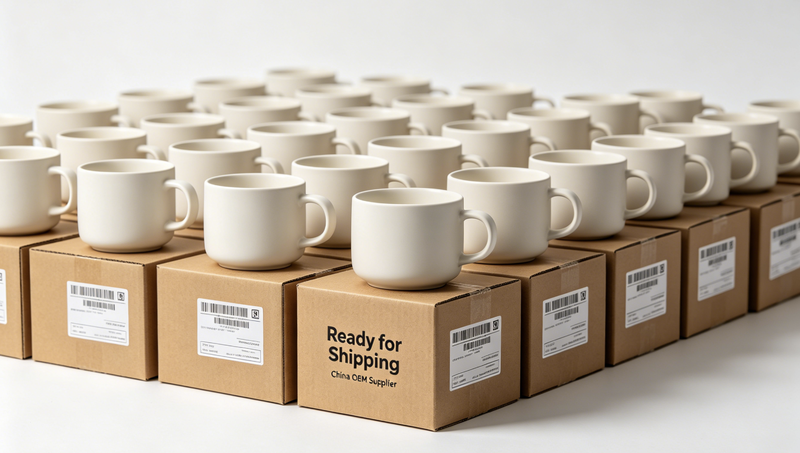 Calculating Mug Order Costs Calculator next to a stack of plain white ceramic mugs