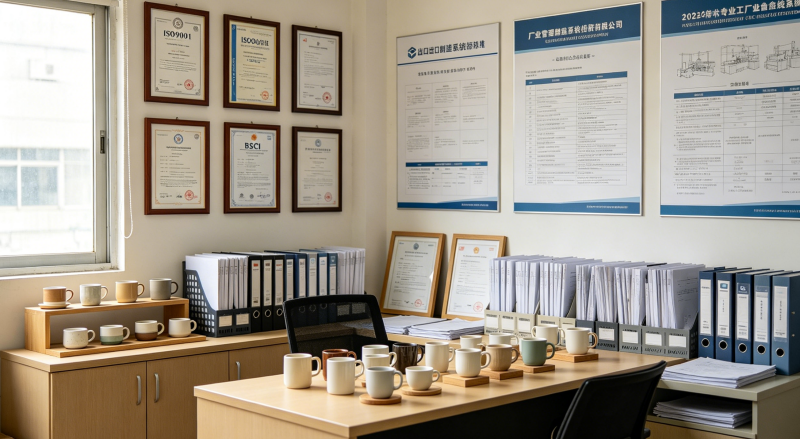 Professional ceramic mug factory office displaying ISO9001 certification and BSCI audit certificates