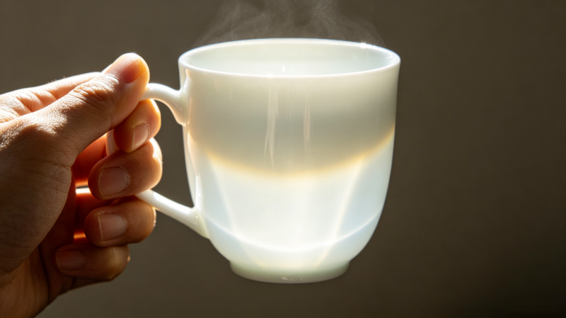 A hand holding a bone china mug against a light source to show its translucency