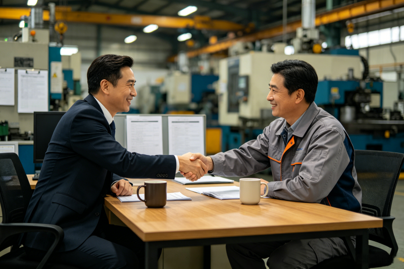 Building a Partnership with a Ceramic Mug Supplier An image of a handshake between a buyer and a supplier in a factory office, with mugs on the table