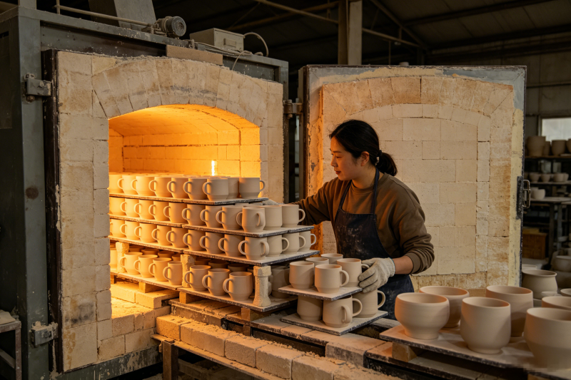 Ceramic Mug Firing Process A mug being placed in a kiln for firing