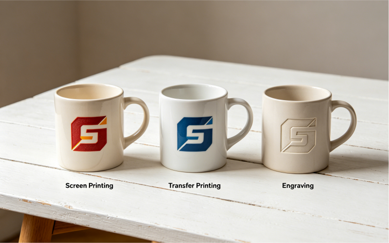 Logo Printing Methods for Mugs Comparison of screen printing decal printing and sublimation on ceramic mugs