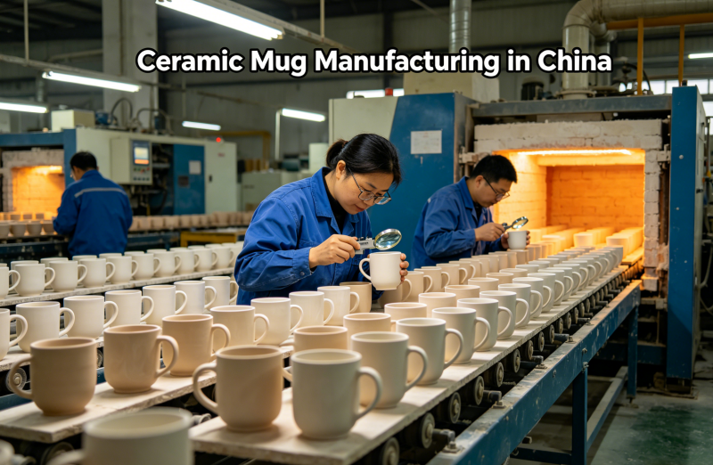 Modern ceramic factory production line, workers inspecting finished ceramic mugs on conveyor belt, bright clean workshop, industrial realistic style, high resolution