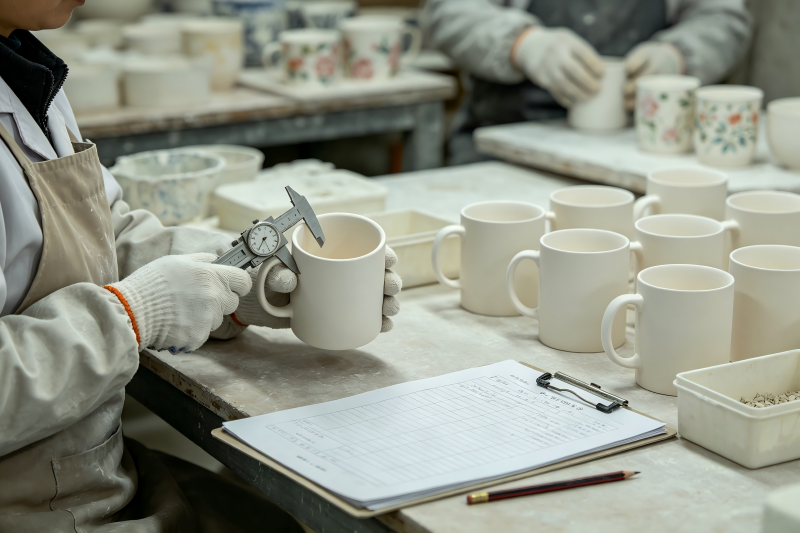 Calculating the total cost of ceramic mugs A calculator next to a pile of ceramic mugs
