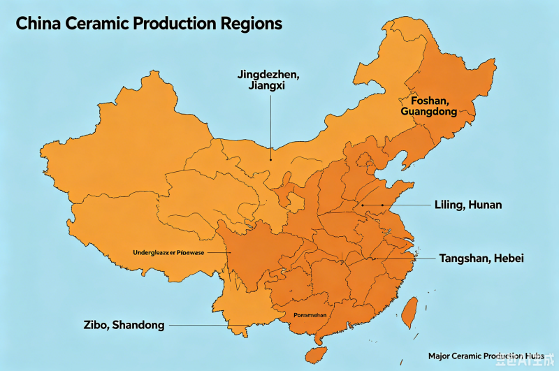 Simplified map of China, highlighted major ceramic production areas: Chaozhou, Dehua, Liling, Zibo, minimalist infographic style, ceramic mug icon, clean background