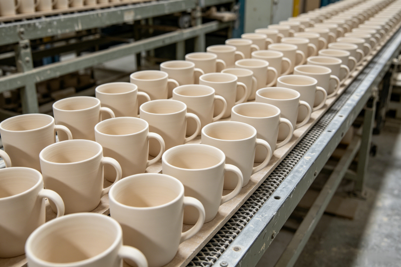 Consistent Quality in Mass Production of Mugs An image showing a long line of identical ceramic mugs on a factory conveyor belt