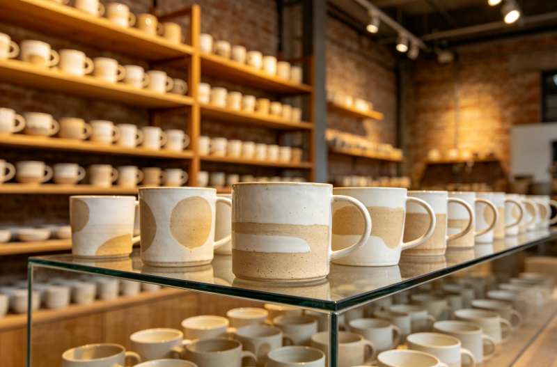 Custom Ceramic Mugs from a Factory A display of custom ceramic mugs in a factory showroom