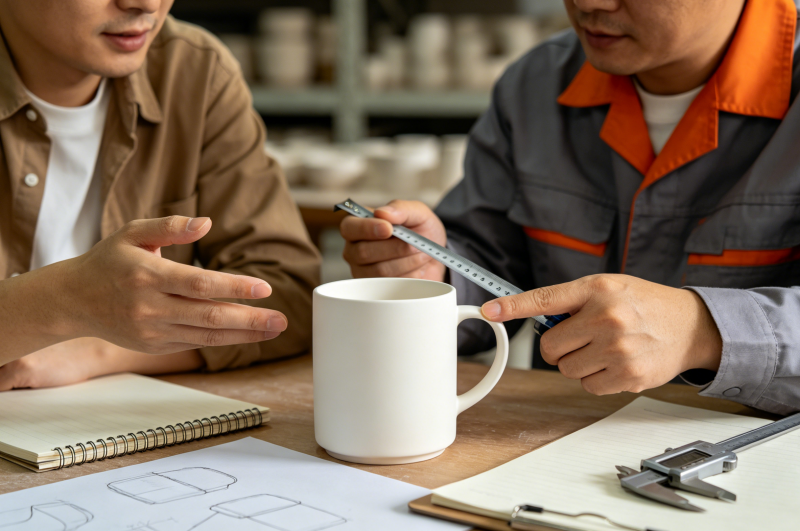Custom Mug Design and Prototyping A designer discussing a mug prototype with a factory technician