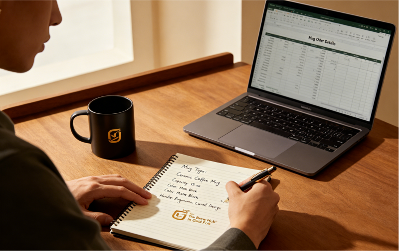 Business person writing order specifications on document, ceramic mug samples and color swatches on desk, modern office, professional style, soft lighting, high resolution