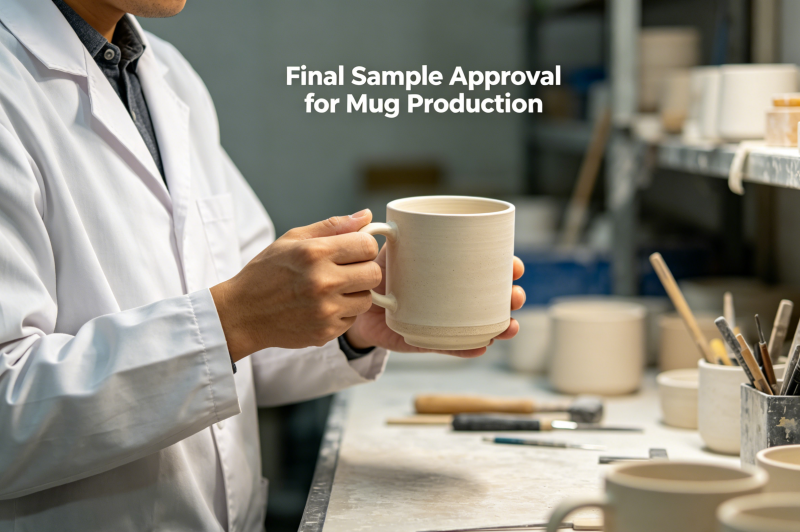 Quality inspector checking final ceramic mug sample, examining glaze and print details, multiple mug samples on table, professional QC scene, high definition