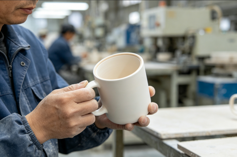 Inspecting Ceramic Mug Quality A close-up shot of a person inspecting the rim of a white ceramic mug in a factory setting