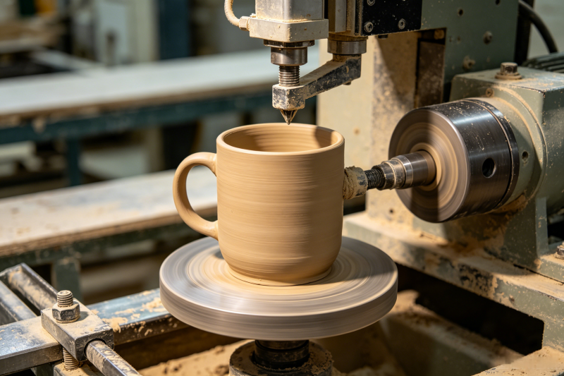 Jiggering Process for Ceramic Mugs Automated jiggering machine shaping a clay mug