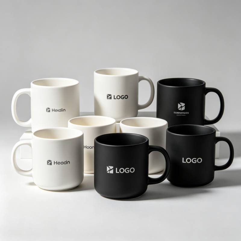Screen Printing vs Decal Printing Methods Comparing a screen printed mug to a decal printed mug to illustrate options for logo placement on promotional coffee mugs.