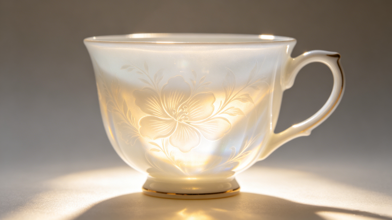 A close-up of a delicate bone china teacup with light shining through it