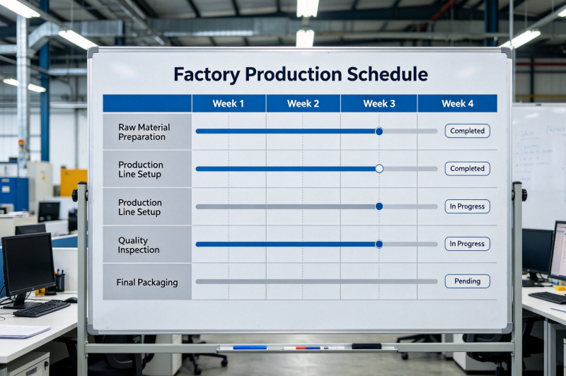 Managing Production Schedules Directly A production schedule chart in a factory office