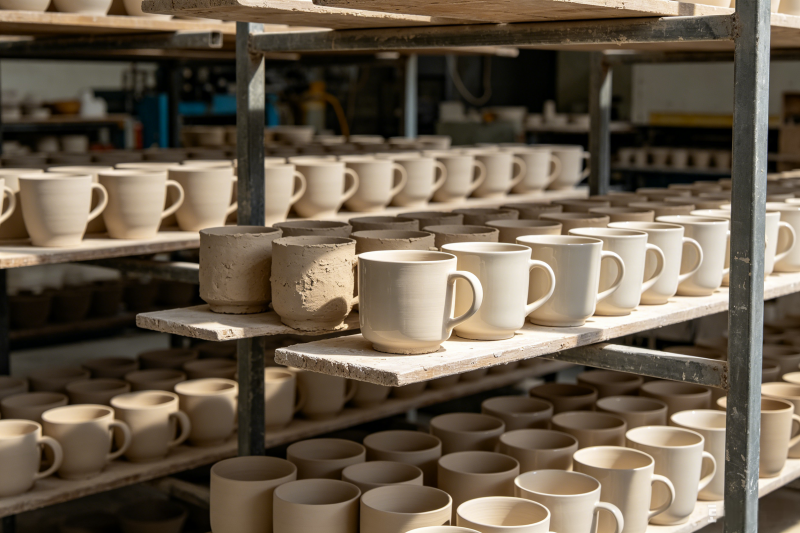 Mass Production of Ceramic Mugs A factory floor with rows of ceramic mugs