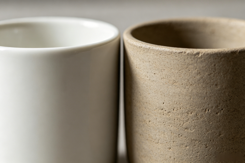 Porcelain vs. Stoneware Mugs Close-up of porcelain and stoneware mug textures