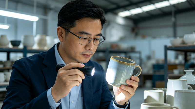 A sourcing manager inspecting a ceramic mug with a light source in a factory showroom