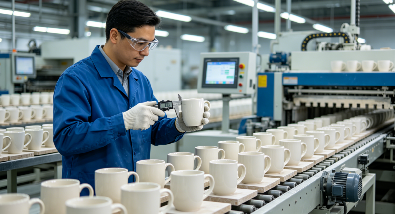 an inspector checking a ceramic mug on a production line