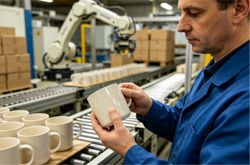 Quality Control in Mug Manufacturing A quality control inspector checking ceramic mugs on a production line