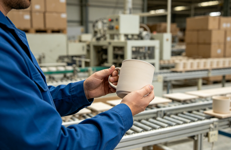 Ceramic Mug Inspection Checklist a quality inspector checking a ceramic mug on a production line