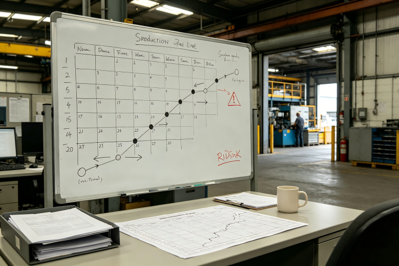 Realistic Production Lead Time Assessment A calendar showing a production schedule with potential delays marked