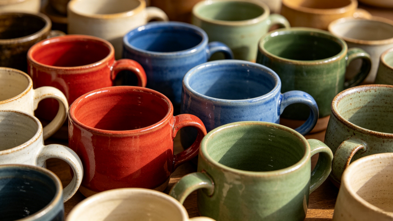 A stack of sturdy, opaque stoneware mugs in various colors