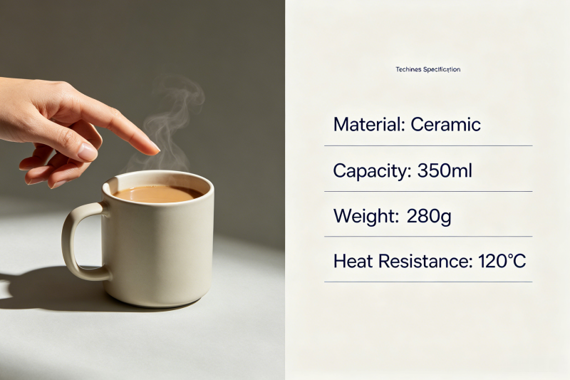 Subjective Tests vs. Technical Data for Mugs A split image showing a hand tapping a mug on one side, and a technical specification sheet on the other