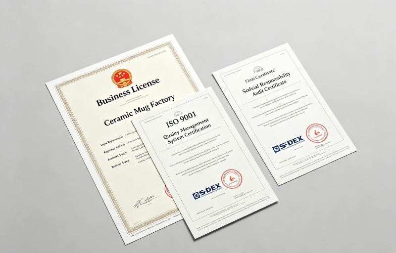 Factory certificates and business license on desk, ISO9001 BSCI certification documents, ceramic mug beside papers, verification scene, realistic photo, clear details