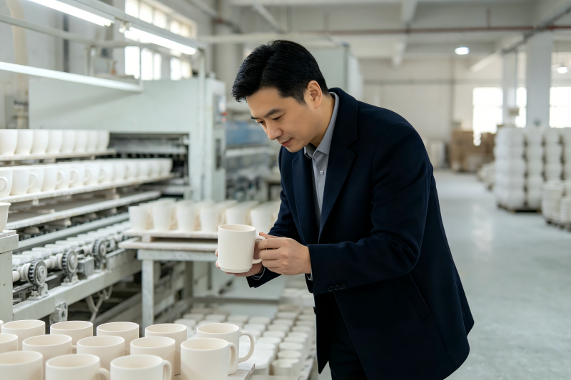 Vetting a Ceramic Mug Supplier A professional buyer inspecting a ceramic mug in a factory setting