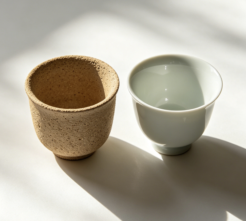 A premium porcelain mug for a hotel next to a rustic ceramic mug for a coffee shop