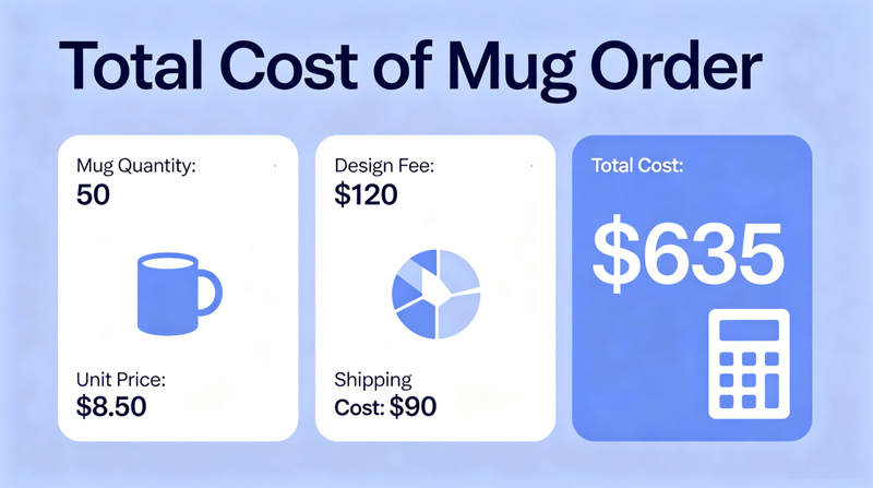 True Cost of a Ceramic Mug Order An infographic showing the total cost of a mug order