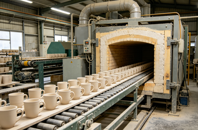 ceramic mug manufacturing process ceramic mugs going into a large industrial kiln