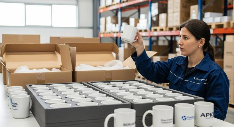Quality Control in Mug Manufacturing A stack of new, perfect ceramic mugs ready for shipping