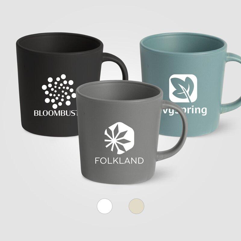Custom logo printed on ceramic mug Detailed company logo printed on a white porcelain mug.