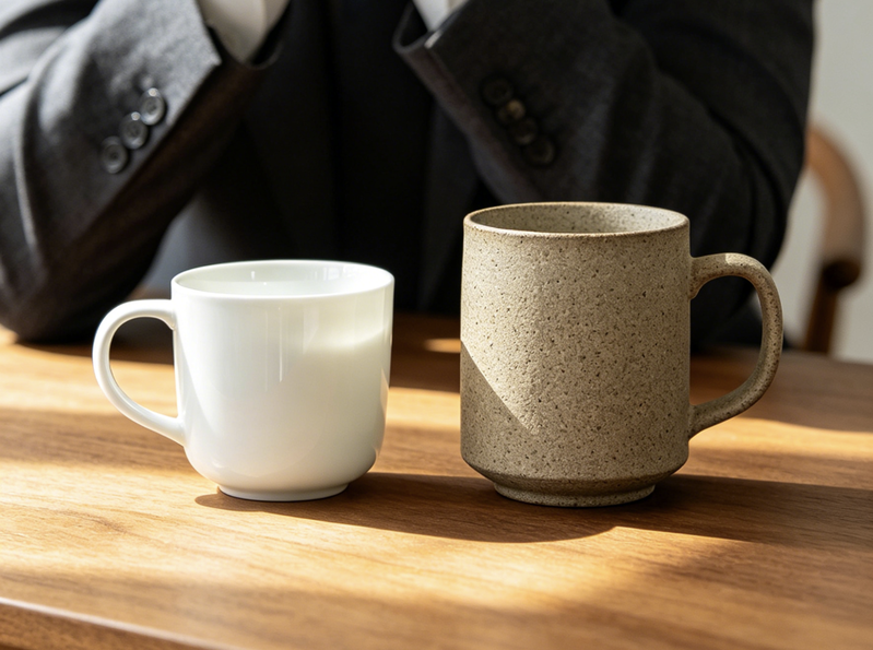 A person inspecting both a ceramic and a porcelain mug side-by-side