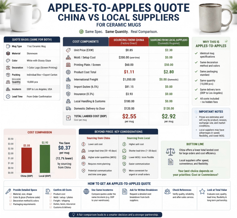 apples-to-apples quote China vs local suppliers for ceramic mugs