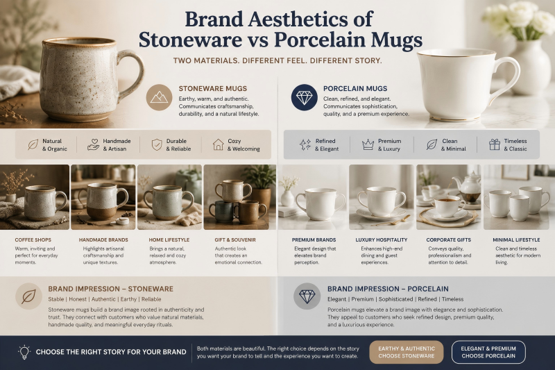 Brand Aesthetics of Stoneware vs Porcelain Mugs A collage showing a rustic cafe using stoneware mugs and a luxury hotel using porcelain mugs.